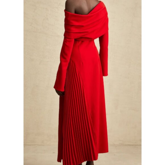 Miss Rosier Valentine Red Pleated Plus Size Long Sleeve Maxi Dress with Slit - Picture 2 of 7
